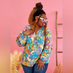 Emily Wonder Periwinkle Split Neckline with Balloon Sleeve Floral Blouse size 1X